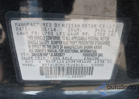 2018 Nissan Versa 1.6 Sv из США, поврежденный, VIN 3N1CN7AP7JL882827